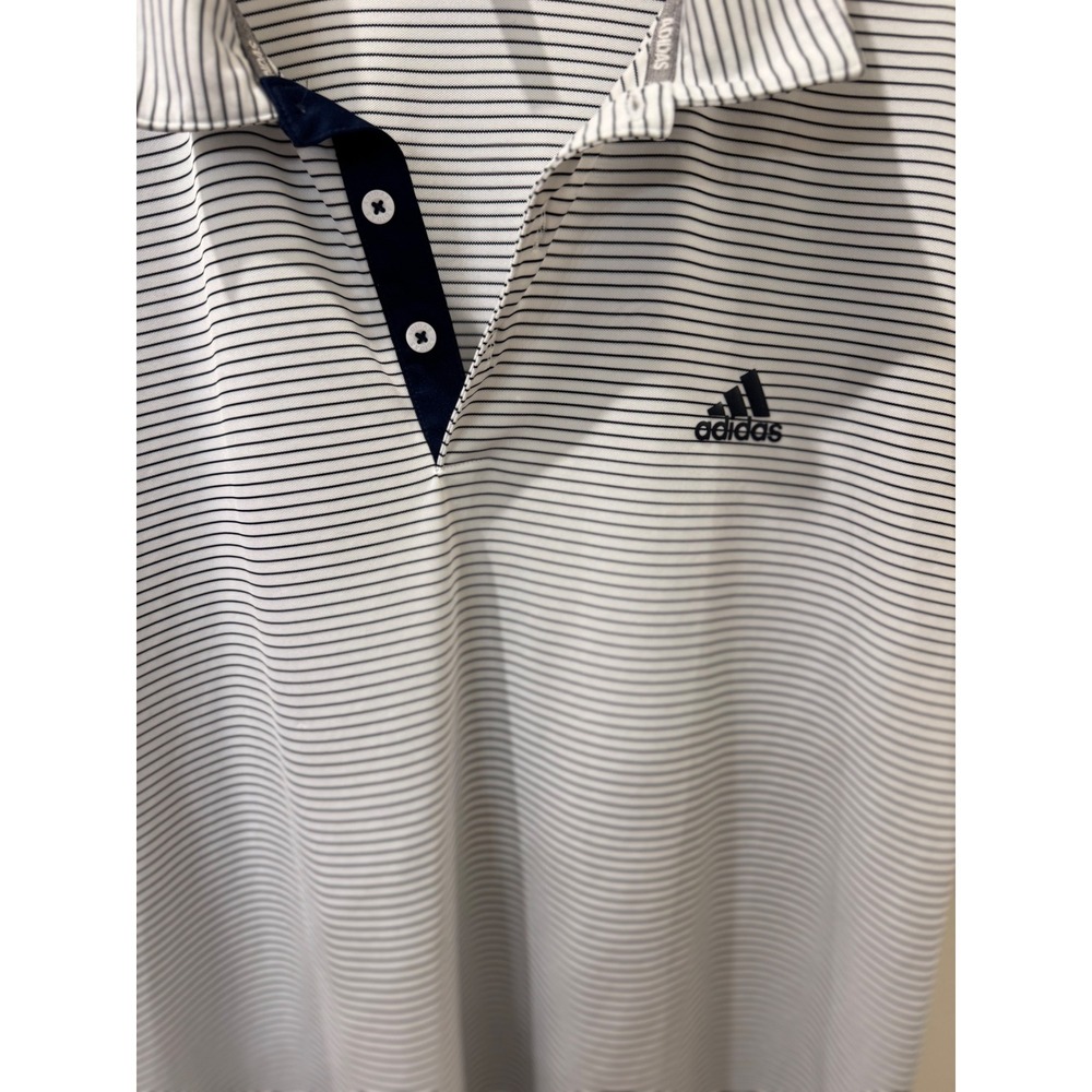 Adidas Mens Golf Polo Shirt White Navy Blue Striped Short Sleeve Large RN 88387 - Picture 2 of 6